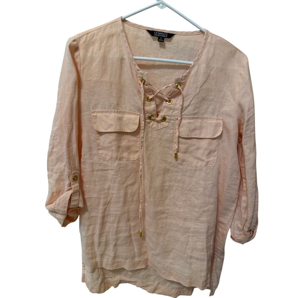 Company Ellen Tracy Pink Linen Blouse Women's Size Small Lace Up Cottagecore